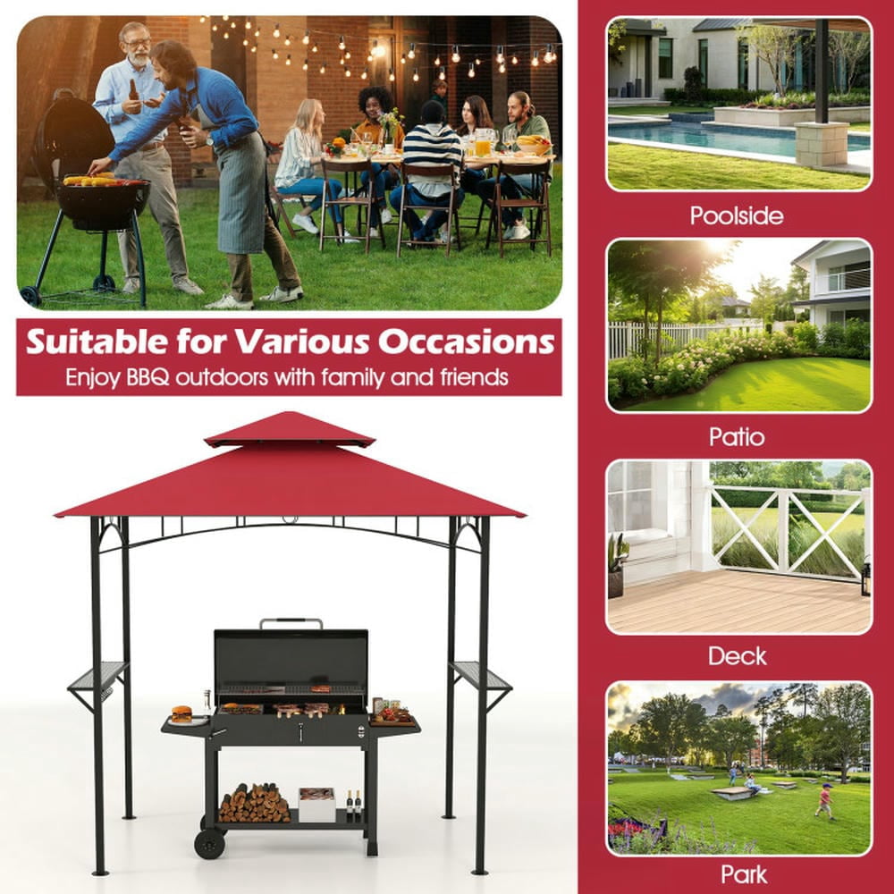 Barara King Gazebo, Outdoor Canopy Shelter,Outdoor Double-Tiered Grill Gazebo Canopy with 2 Shelves and 7 Hooks-Red