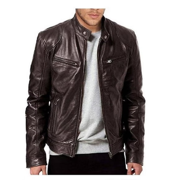 Chaqueta de piel sintética con cuello alto para hombre en estilo de traje de negocios y ajuste ceñido.