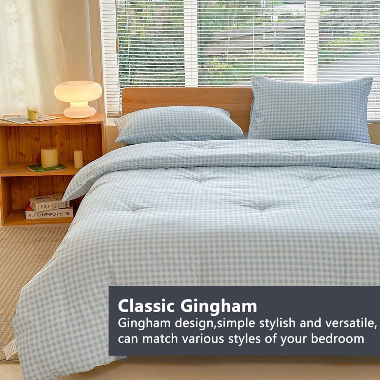 NSNLGSGC Light Blue Checkered Plaid King Comforter Set, 3-Piece Bedding Set