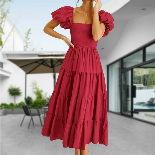 Vestimenta Casual Vestido Midi de Mujer Vestido Maxi de Manga Corta con Cuello Cuadrado para Cóctel (Rojo L) Cgtredaw Para estrenar