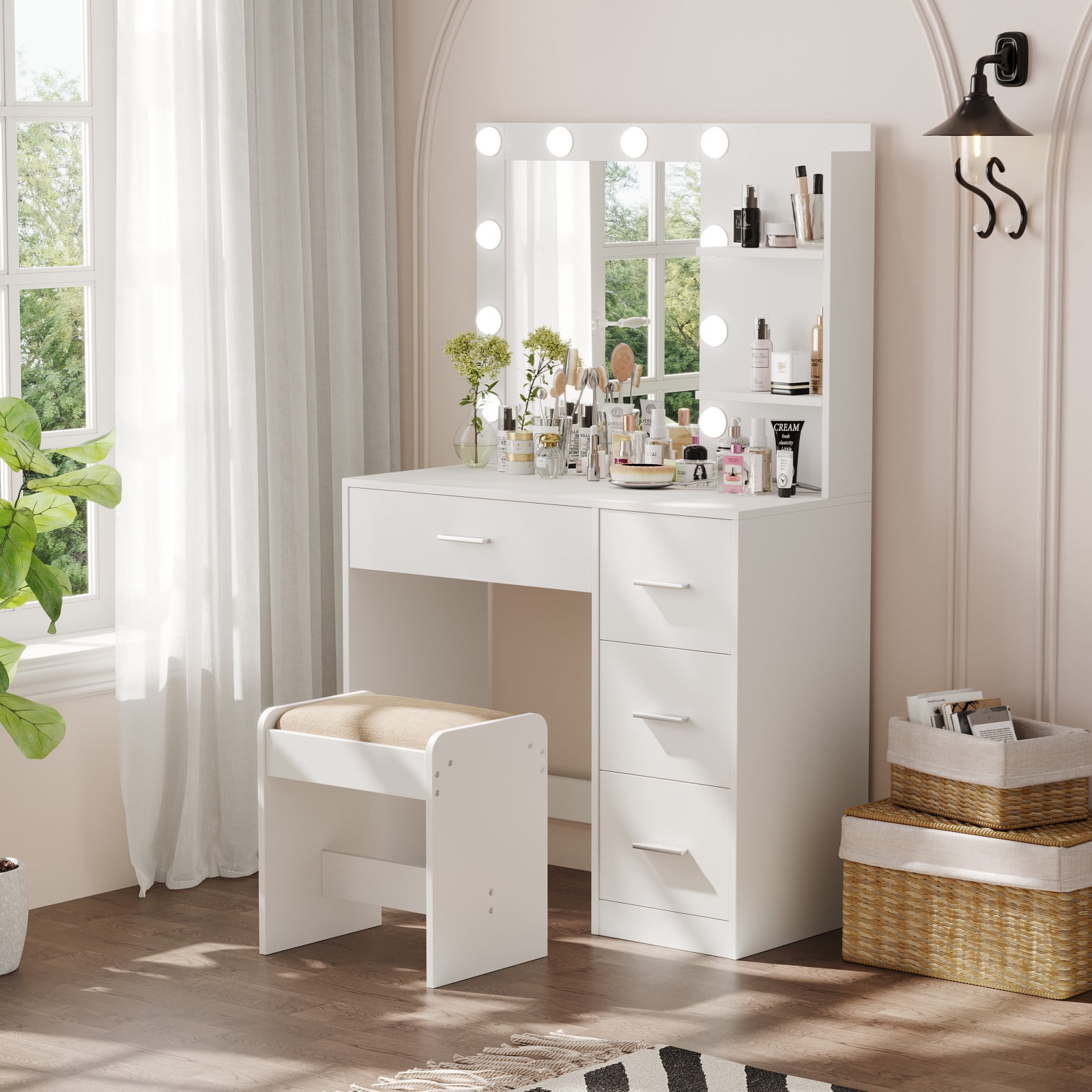 Rovaurx Makeup Vanity Table with Lighted Mirror, 4 Drawers