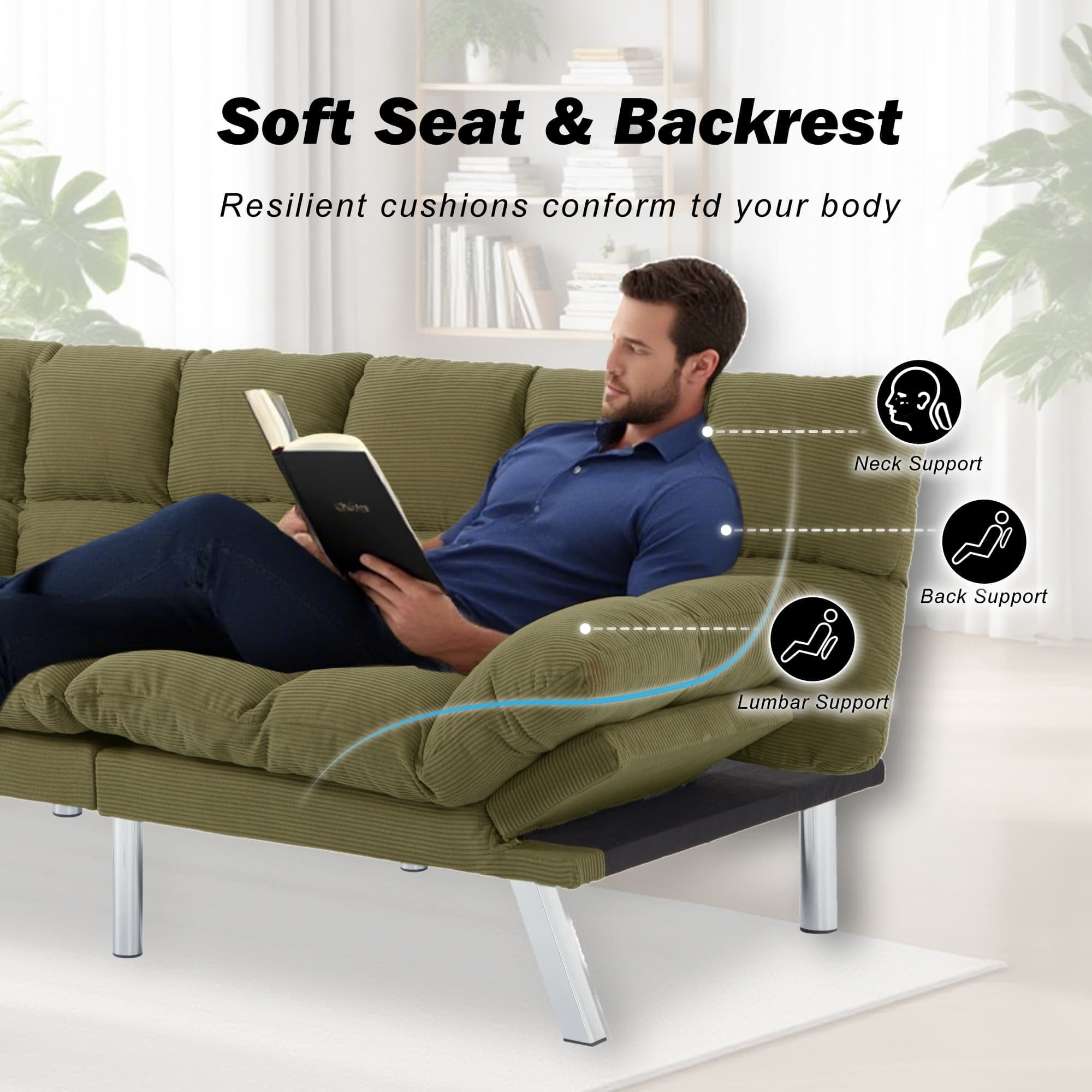 Gewnee Pullout Couch Bed,3 in 1 Convertible Sleeper Sofa Bed,Futon Corduroy Loveseat with Adjustable Backrest for Apartment and Office.Green