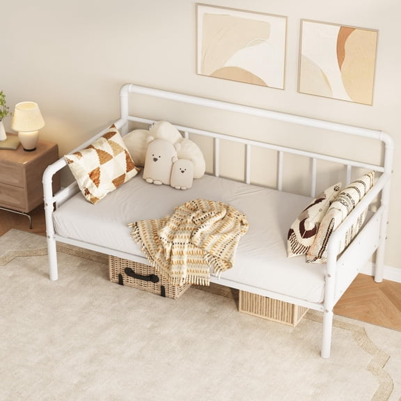 Twin Metal Daybed Frame, Heavy Duty Daybed with Metal Slats, White Day Bed for Living Room Bedroom Guest Room, No Box Spring Needed, Easy Assembly