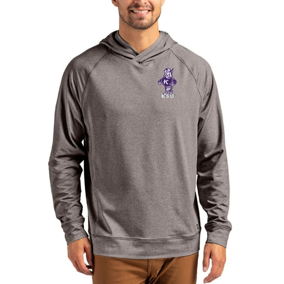 Men's Cutter & Buck Heather Charcoal Kansas State Wildcats 194465 Logo Adapt Knit Raglan Pullover Hoodie