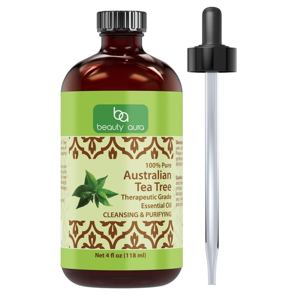Beauty Aura Australian Tea Tree Oil 4 oz – 100% Pure Therapeutic Grade Melaleuca Oil for Acne, Scalp Care, Foot Soak, Aromatherapy, Diffuser, Clear Skin, Dandruff Relief, and Natural Wood Surface Cl