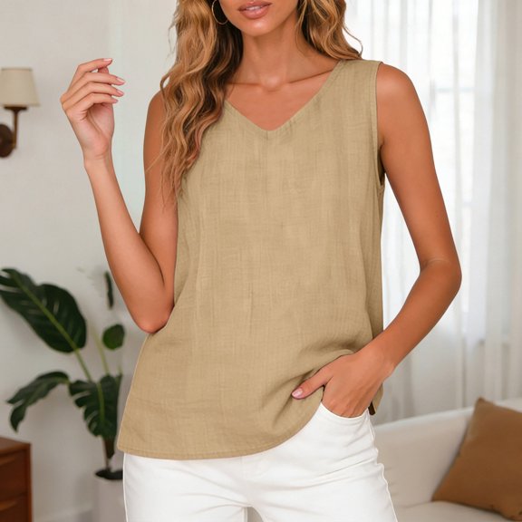YWIYIUD Cotton Linen Tank Tops for Women 2026 V Neck Summer Sleeveless Shirts Loose Lightweight Casual Blouse Comfortable and Breathable Fashion Women Tank Tops Fitted Blouses for Women