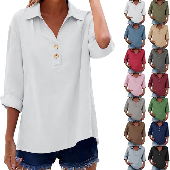 Tqcoqu Womens 3/4 Sleeve Tops Dressy Casual Lapel Collar V Neck Button Up Cotton Linen Shirts Summer Beach Vacation Clothes,Army Green Women's S-XXXL