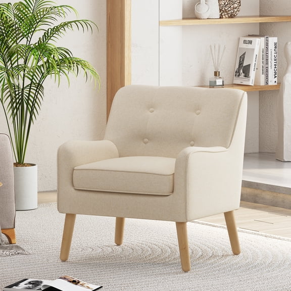 Christopher Knight Home Mid-Century Modern Accent Armchair, Hand-Tufted Back, Solid Wood Legs, Beige