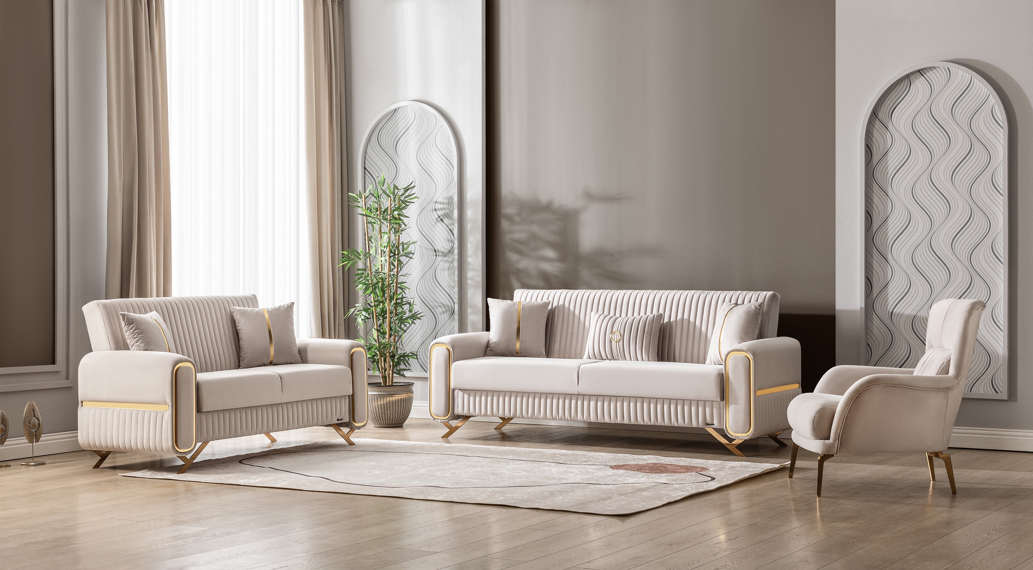 Ottomanson Wingback Accent Chair Microfiber Modern Armchair for Living Room, Beige