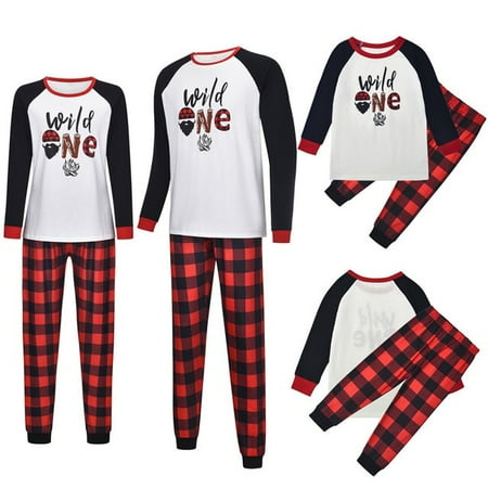 

Christmas Matching Pajamas for Family Long Sleeve Crewneck Wild One Tee Shirt Red Plaid Pants Xmas Parent-Child Sleepwear