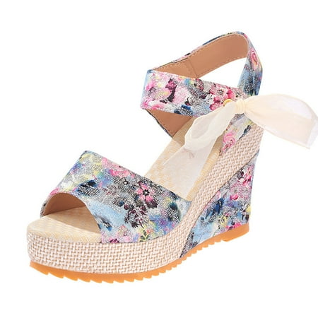 

Fesfesfes Women s Wedge Sandals Fashion Women Solid Summer Ladies Bandage Sandals Slope Heel Casual Beach Shoes 5(36)