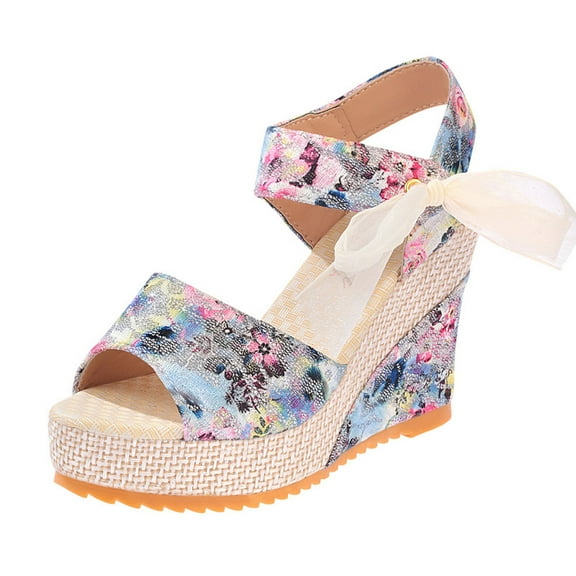 Fesfesfes Women's Wedge Sandals Fashion Women Solid Summer Ladies Bandage Sandals Slope Heel Casual Beach Shoes 8(40)