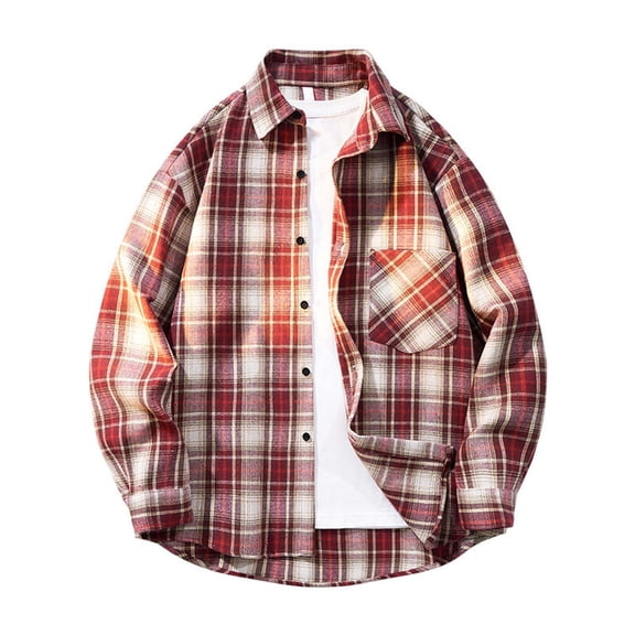 KeShDi Mens Flannel Shirts Long Sleeve Man Fashion Leisure Button Pocket Lattice Long Sleeves Flip Collar Red L