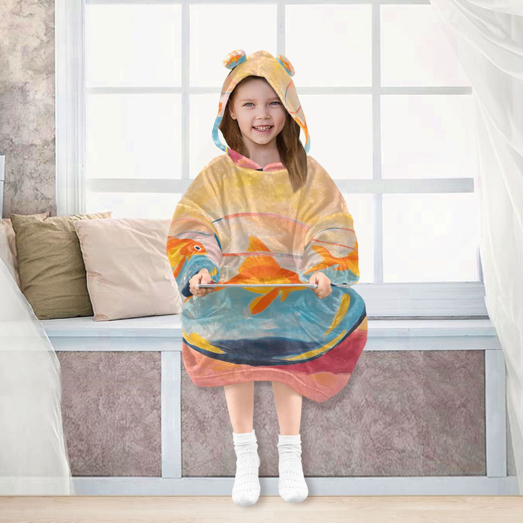 FORMRS Wearable Blanket Hoodie with Sleeves for Kids Cozy Flannel Sweatshirt, Goldfish