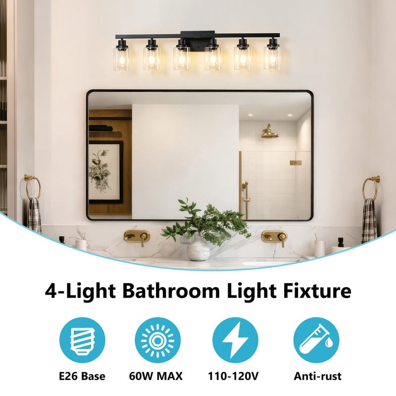 HKMGT 6-Light Bathroom Vanity Light, Black Wall Sconce with Clear Glass Shade E26 Base, Anti-Rust Up/Down Mount for Bathroom, Bedroom