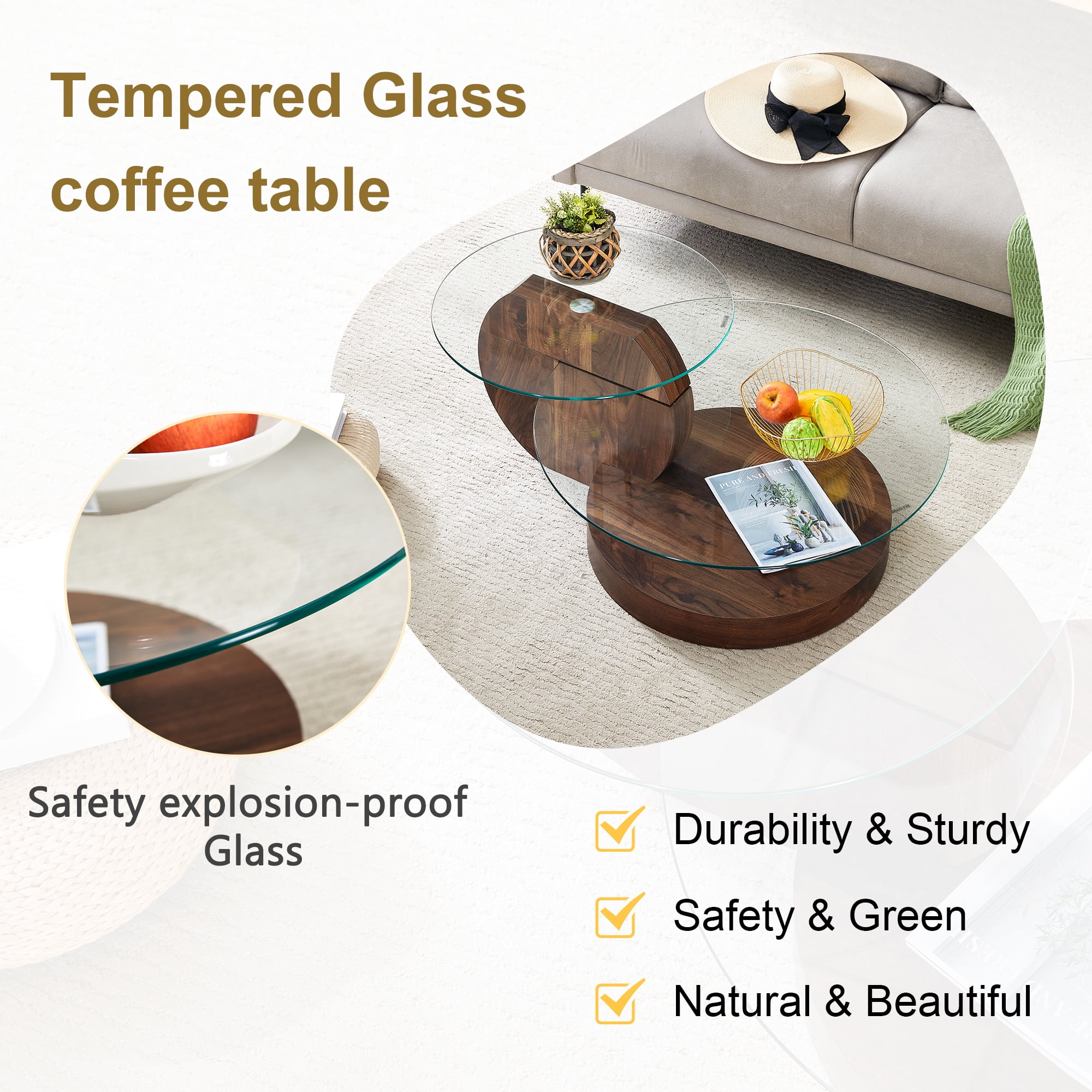 Vanress 42" Glass Coffee Table, Round Coffee Table, Modern Double Layer Round Glass Coffee Table for Living Room, Walnut