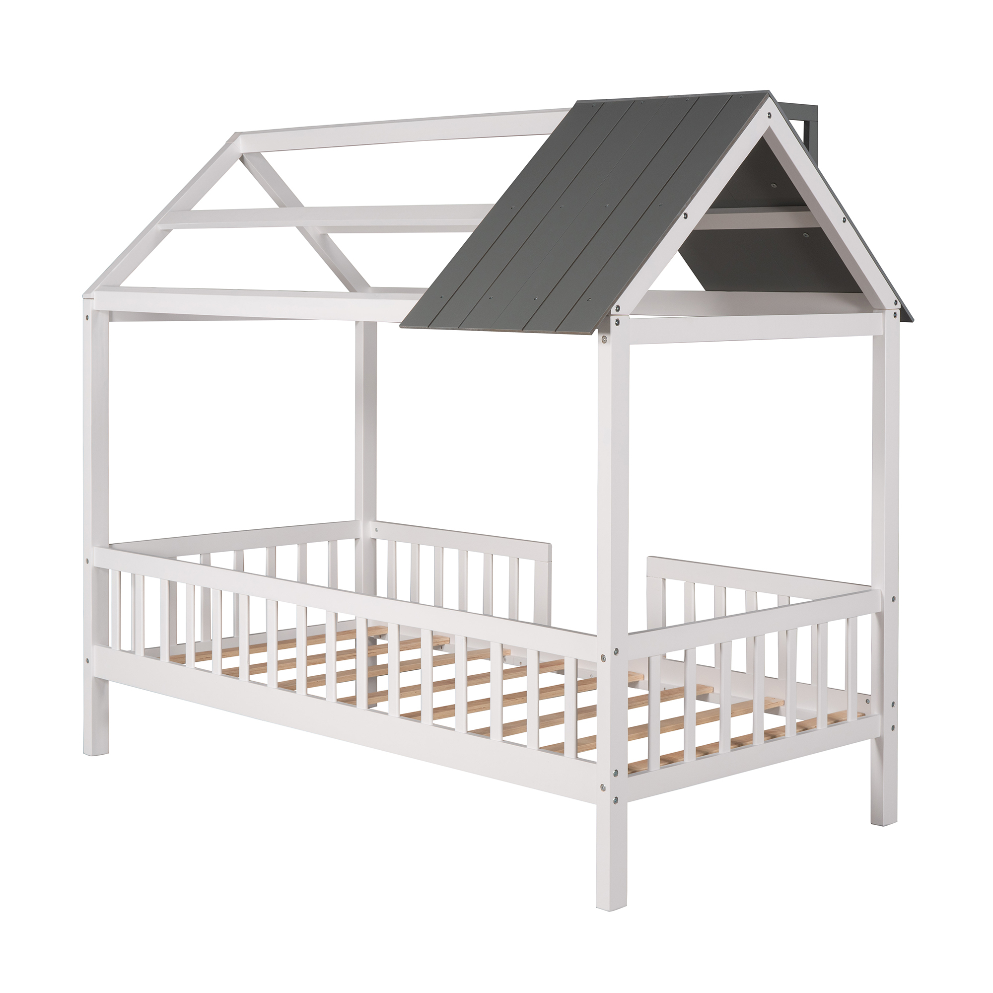 Euroco Twin Size House Platform Bed with Roof and Guardrails Design, White&Gray