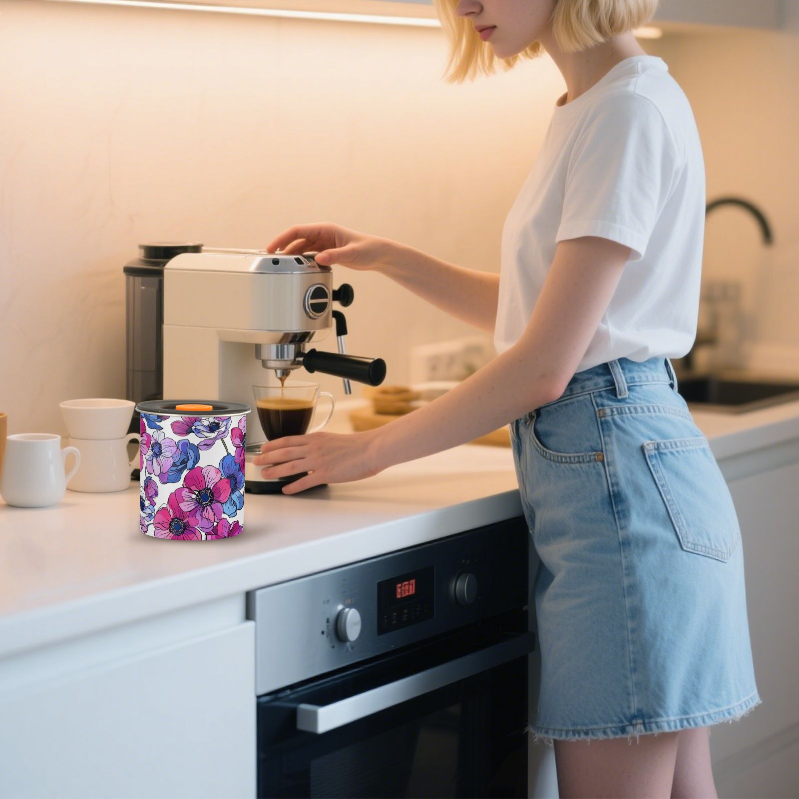 Anemone Flower Pink & Purple Airtight Coffee Bean Canister 30oz Food Storage Containers with Lids For Gournd, Tea, Sugar, Flour, Rice, Cereal, Candy Cookie Jar