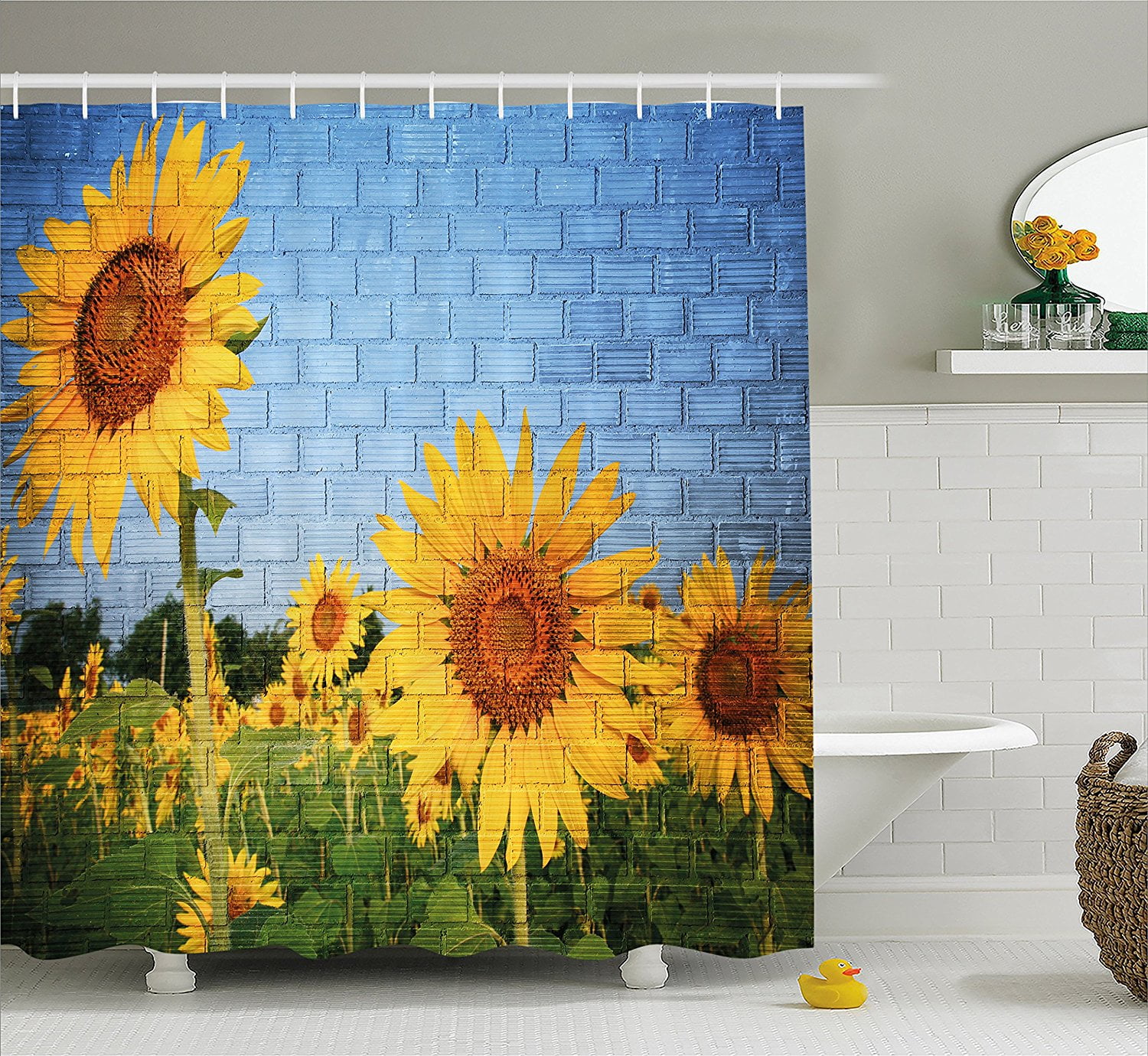 Rustic Home Decor Shower Curtain by , Sunflowers on Wall Peaceful