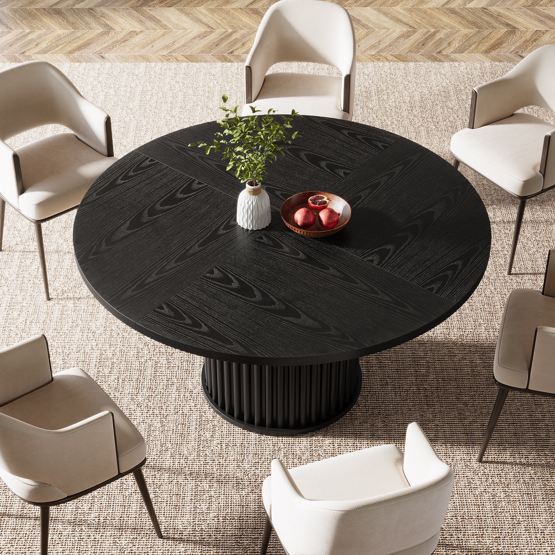 Tribesigns 47.24-Inch Black Round Dining Table for 4-6 People, Modern Fluted MDF + Metal Base Kitchen Table, Sturdy Circle Dining Room Furniture, Black - Thumbnail 5
