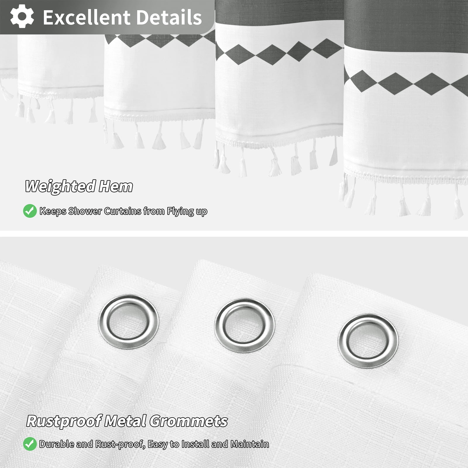FRAMICS Striped Tassel Shower Curtain Sets with Bath Rug, Boho Farmhouse Water-Repellent Fabric Bathroom Sets with Hooks, Slub Textured Design, 72" x 72", Gray