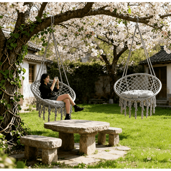 2 Large-Sized Hammock Chair with Fluffy Feather-Filled and Memory Foam Cushion, Double-Layered Braided and Twisted Rope Construction, Hidden Pocket and Cup Holder in Cushion Cover, Great for Bedroom