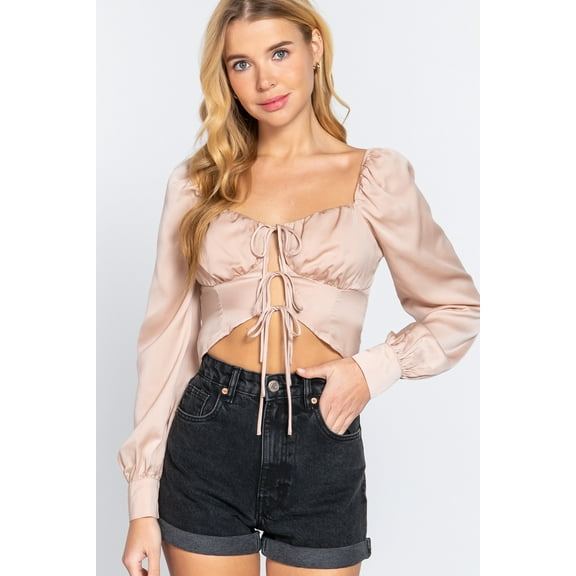 Long Sleeve Sweetheart Neck Front Ribbon Tie Detail Woven Top Pearl ' S