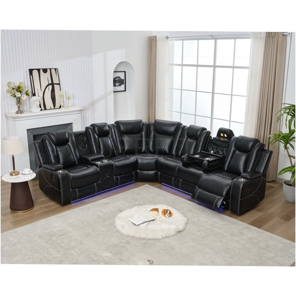 JERFIT Modern 5-Seat Power Reclining Sectional Sofa with LED Lights, Bluetooth Speaker, Cup Holders & Wireless Charger in Black Faux Leather