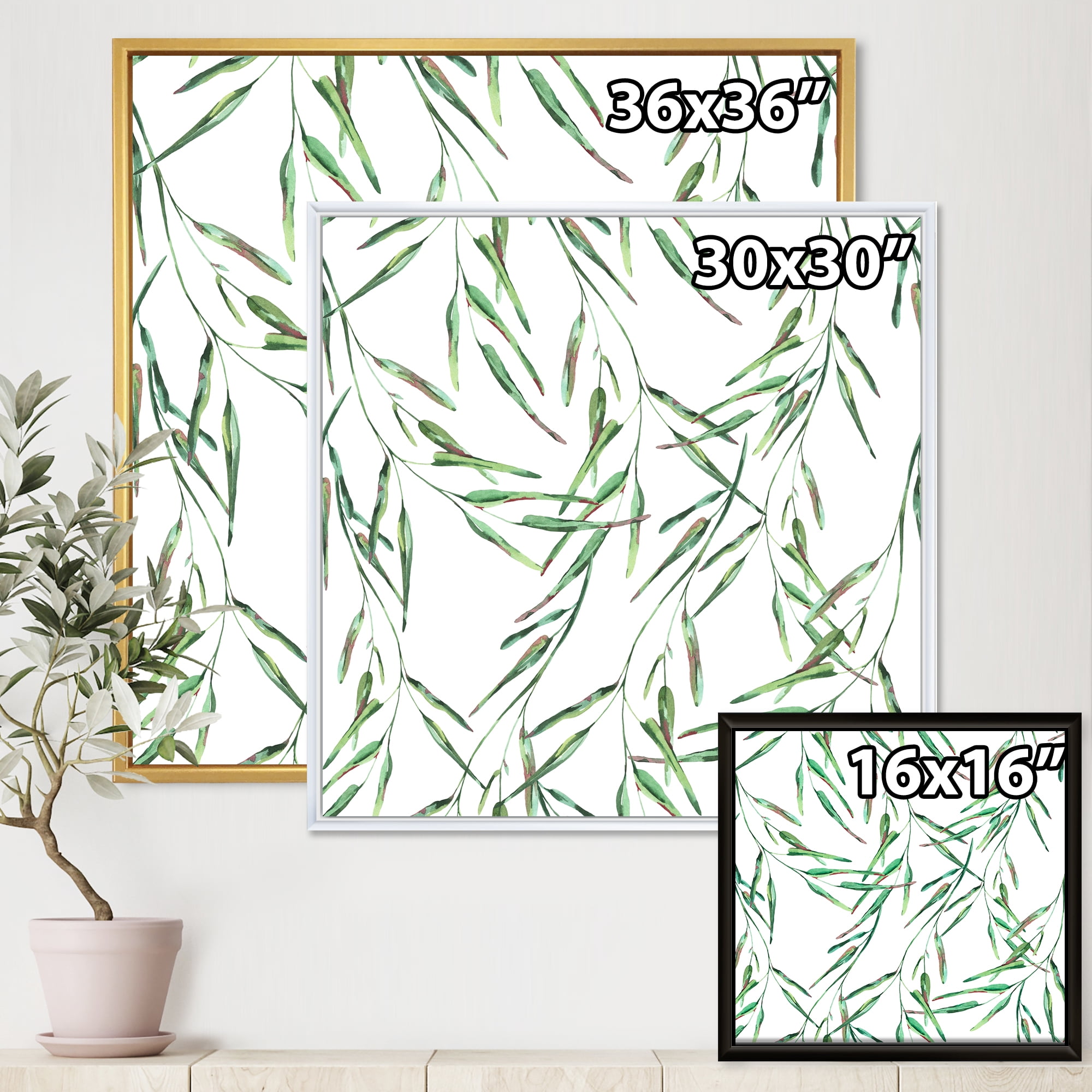 Designart 'Tropical Green Leaves On White In Summer Times II' Tropical Framed Canvas Wall Art Print