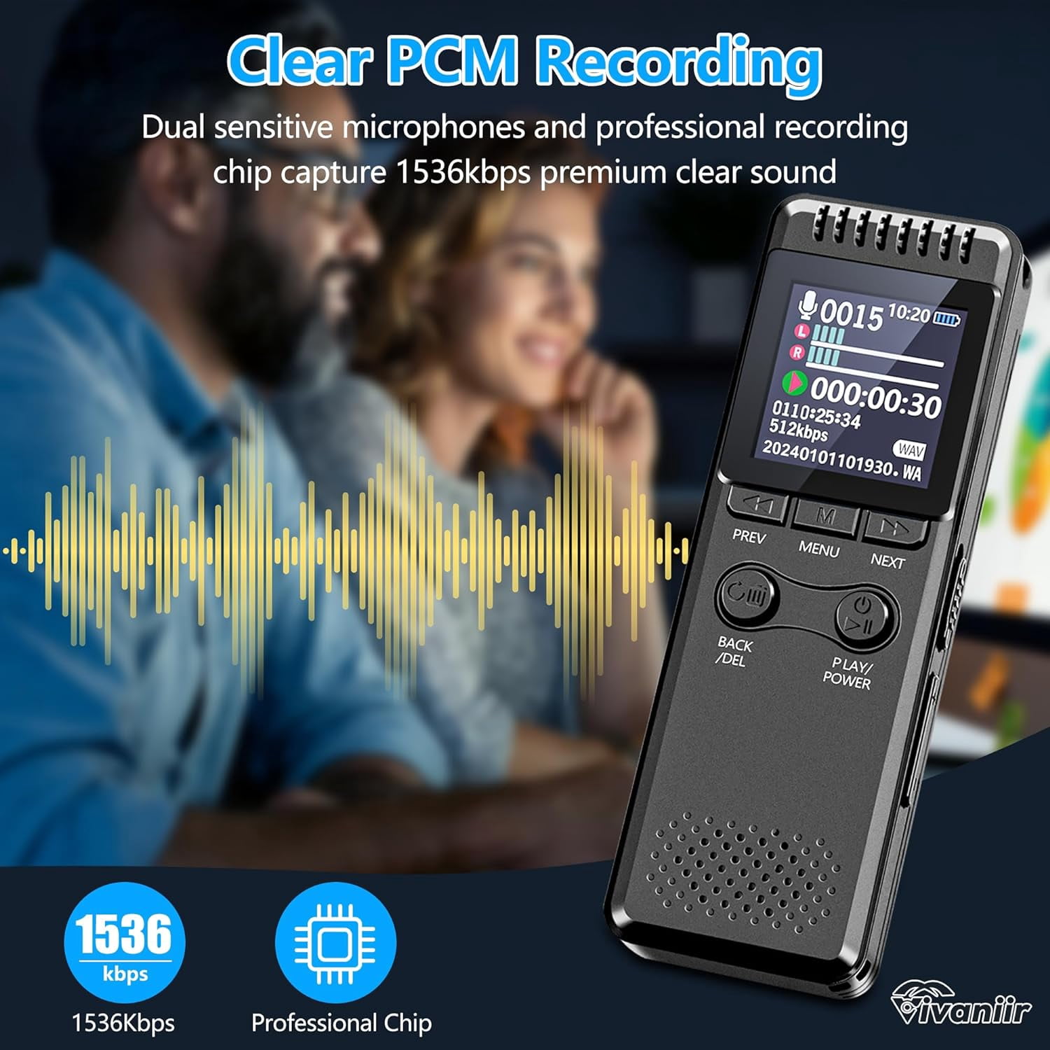 64GB Digital Voice Recorder with 8000 Hours Recording Capacity, 80Hrs Battery Time Voice Activated Recorder with Playback, Professional USB-C 1536kbps Audio Recorder for Meeting Lecture