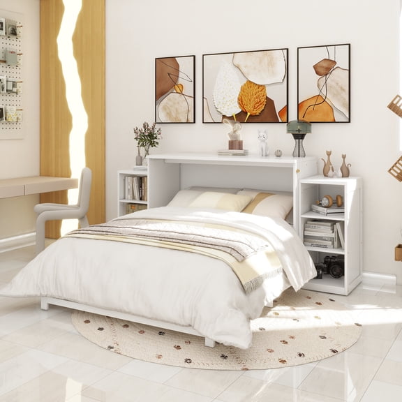 Full size Murphy bed with spacious storage drawers and shelves. Ideal for guest rooms or compact bedrooms. White