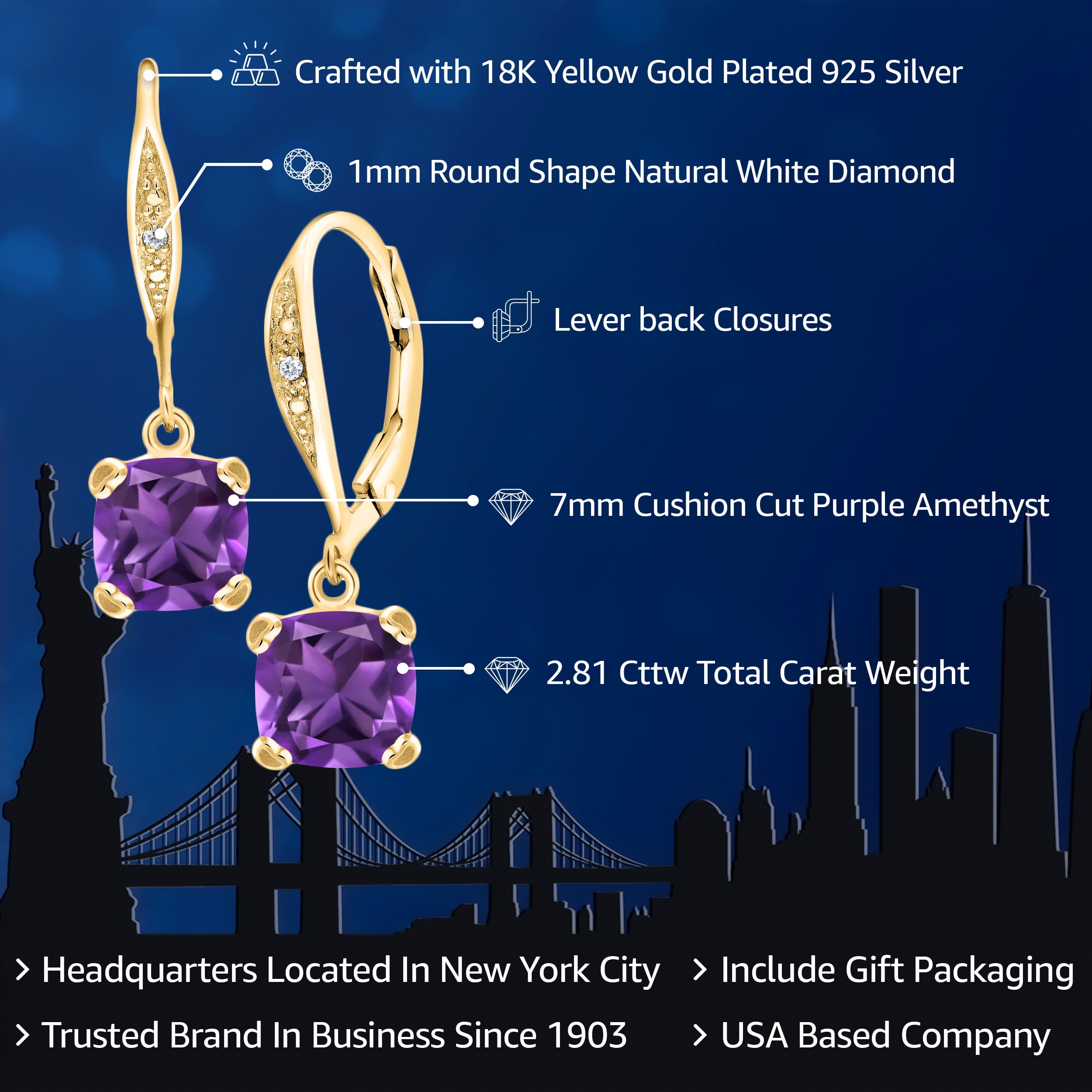 Gem Stone King 18K Yellow Gold Plated Silver Purple Amethyst and White Diamond Earrings for Women (2.81 Cttw, Gemstone February Birthstone, Cushion 7MM)
