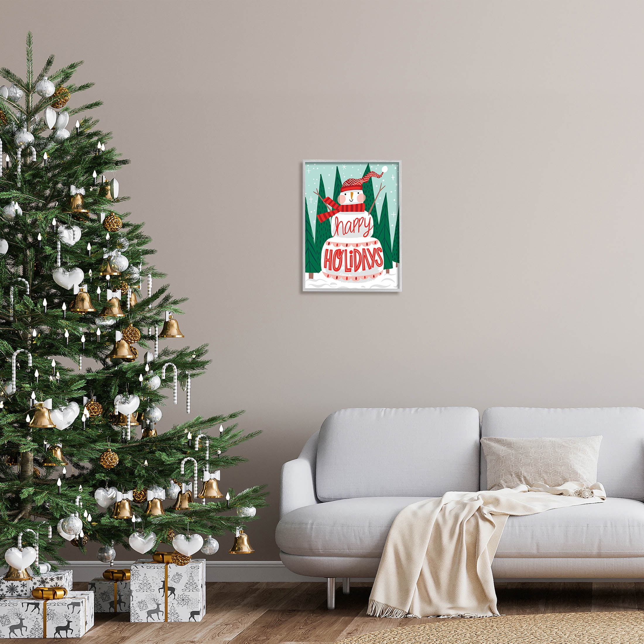 Happy Holidays Happy Snowman Holiday Graphic Art Gray Framed Art Print Wall Art