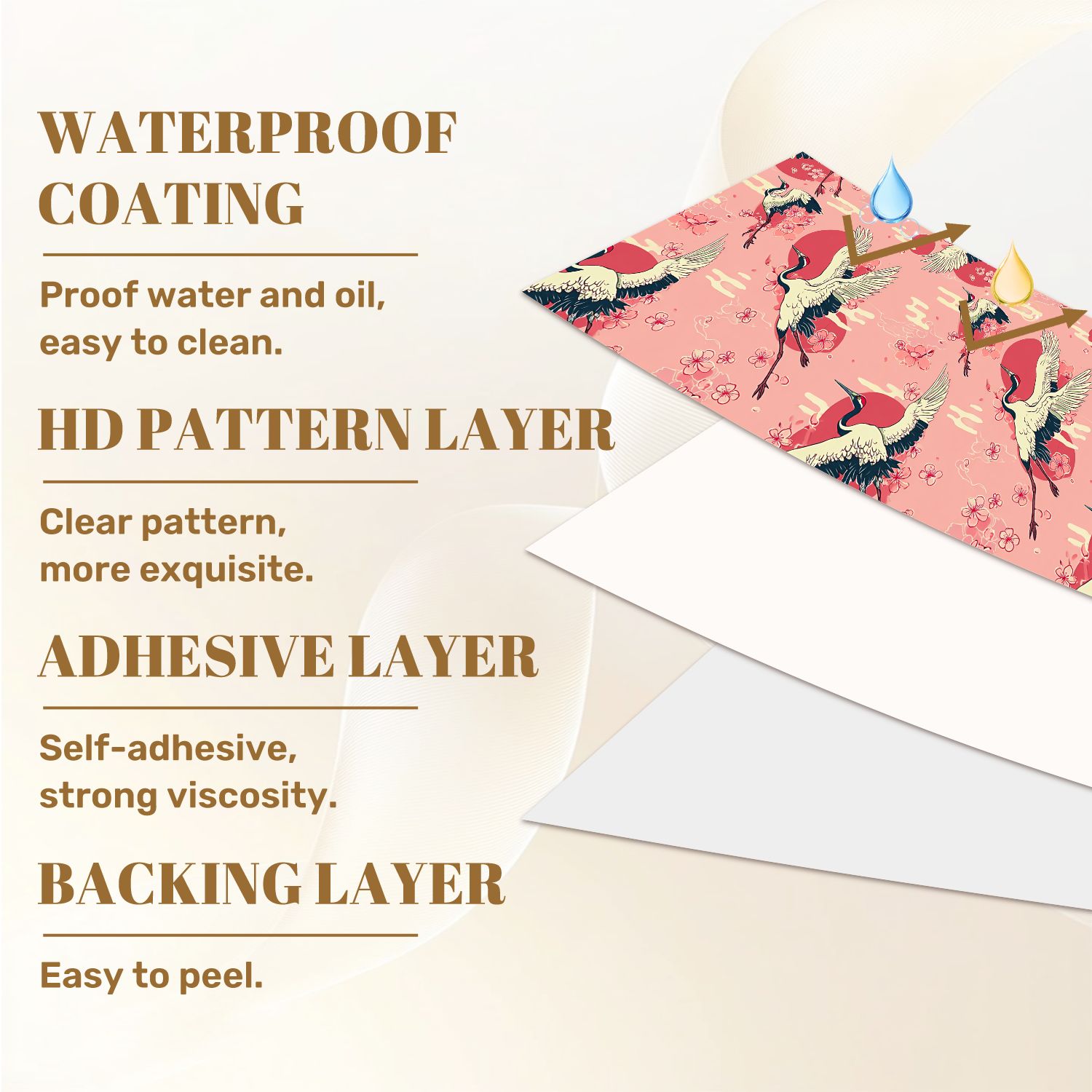 Crane Peel and Stick Wallpaper 23.6in x 9.8ft Cranes Cherry Blossoms Red Sun Retro Contact Paper Vinyl Waterproof Self Adhesive Wall Paper for Bedroom Shelf Cabinet Renter Friendly