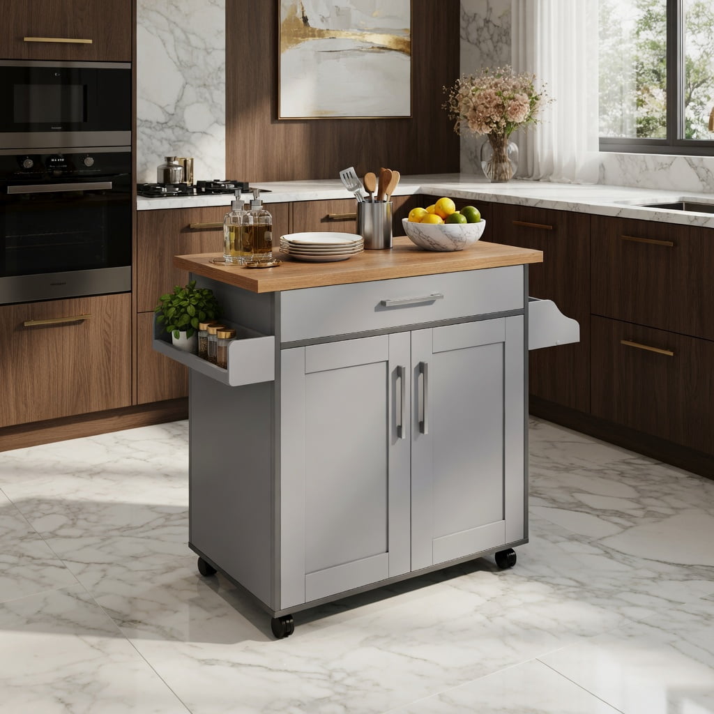 Demi Bonn Rolling Storage Cabinet Cart, Kitchen Island Cart, Rolling Kitchen Island Cart with Towel and Spice Rack, for Kitchen, Dining Room, Gray