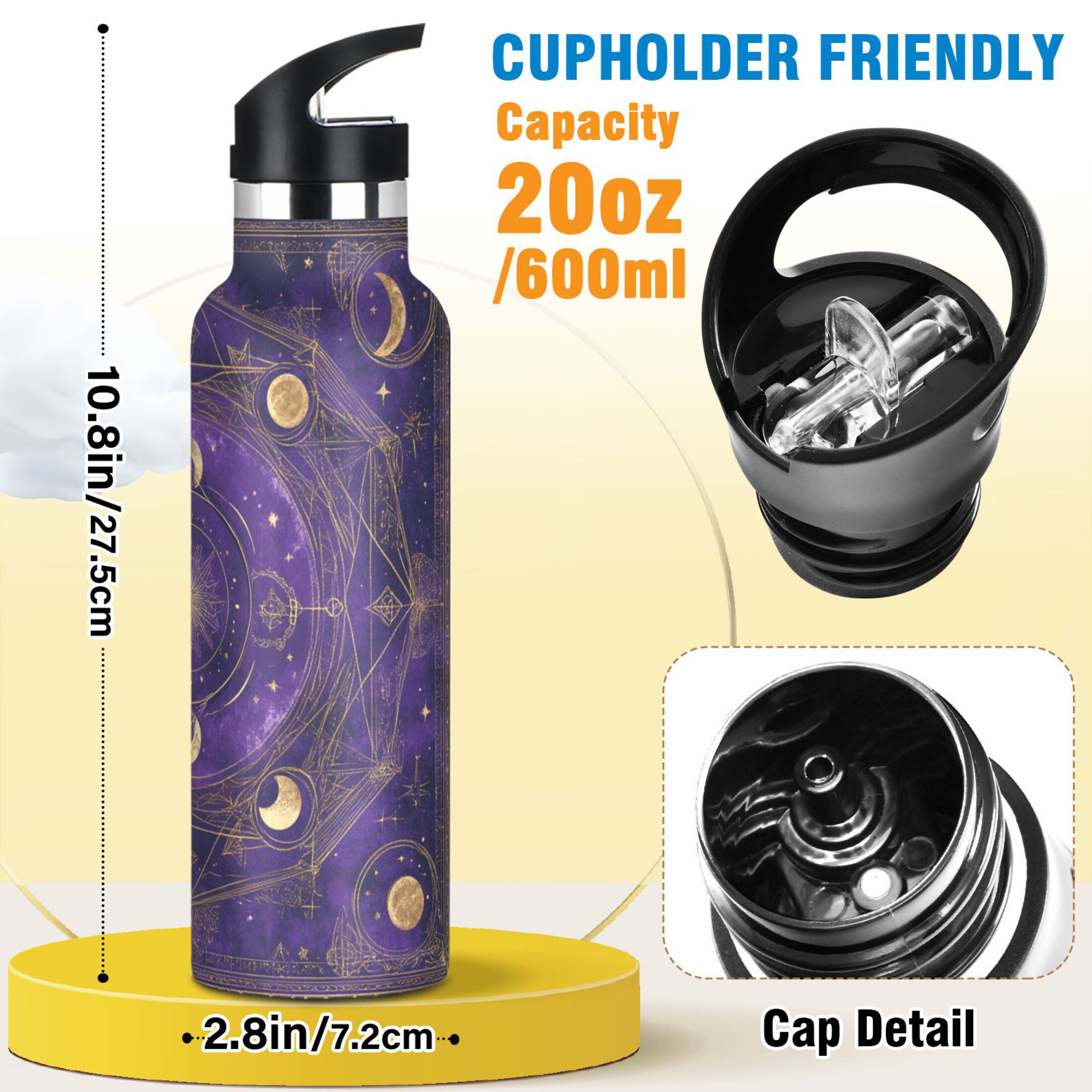 Kids Insulated Stainless Steel Sports Water Bottle 600ml (20oz) Purple Celestial Pattern