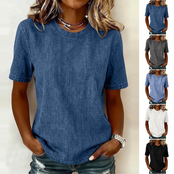 Women's Casual Crew Neck Short Sleeve Solid Color Denim Pullover Top Soft Lightweight Comfy Versatile Daily Wear Summer Outfits | CSEONE,Black L