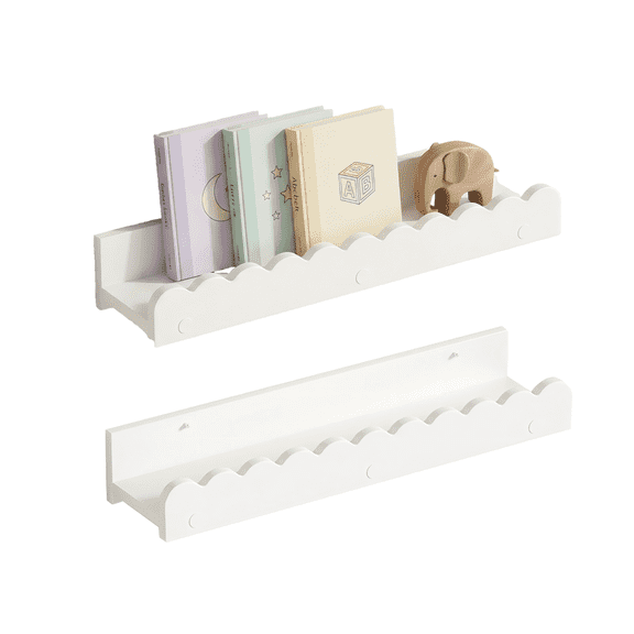 Book Shelves – Set of 2 Floating Wall Bookshelves, Scalloped Design for Bedroom, White Decor for Nursery, Baby & Toddler Room