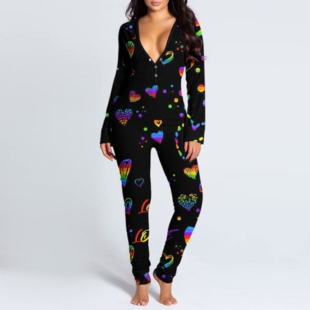 

Juebong Underwear for Women Clearance Under $10.00 Womens Onesie Flap Pajamas Love Print Sexy Butt Flap Sleepwear Cute Button Collar Rompers Nightwear Jumpsuit Black XXL
