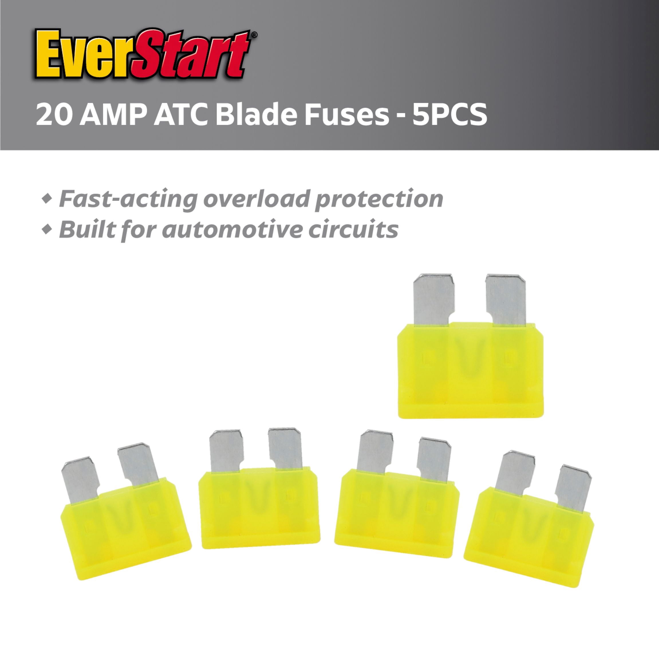 EverStart 20 Amp ATC Blade Fuses, UL Listed, Automotive, Marine, and Electrical Protection, 5 Pack