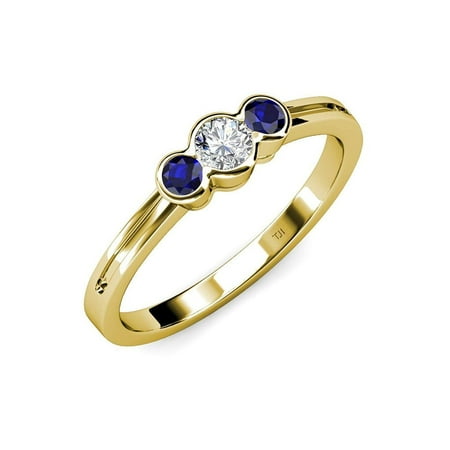 

Diamond (SI2-I1 G-H) and Blue Sapphire Three Stone Ring 0.50 ct tw in 14K Yellow Gold.size 7.0