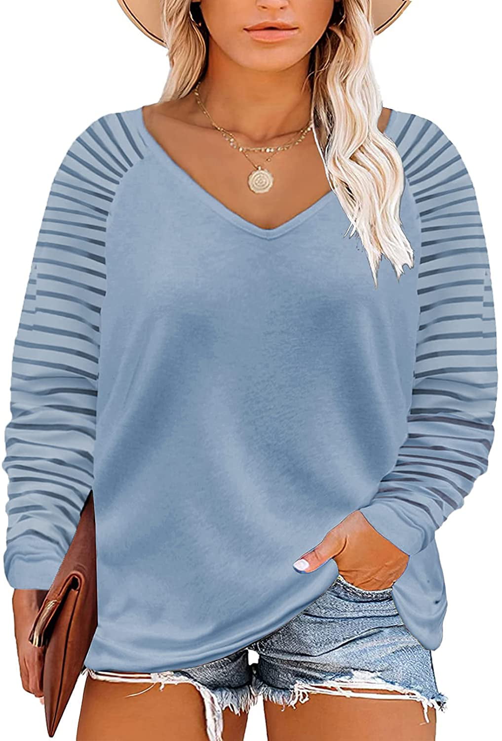 1X-5X Happy Sailed Womens Plus Size Tops Casual Long Sleeve V Neck/Crew Neck Striped Loose Fit Tunic Tops