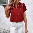 thumbnail image 2 of Tops de Color Sólido para las Mujeres Blusa de Manga Corta Plisada Hueca, Cuello de Pie Top de Moda Casual, 2 of 8