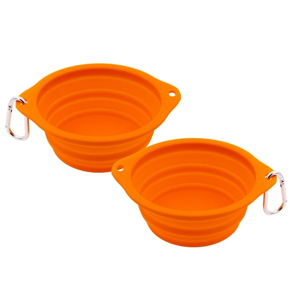 Kewoow Set of 2 Silicone Bowl collapsable Dog & Cat. Foldable with a carabiner/clip, Travel expandable pet dish for water or food, Small-medium-Large sized pets, 28.74 fl oz/ 4 us cup. Orange