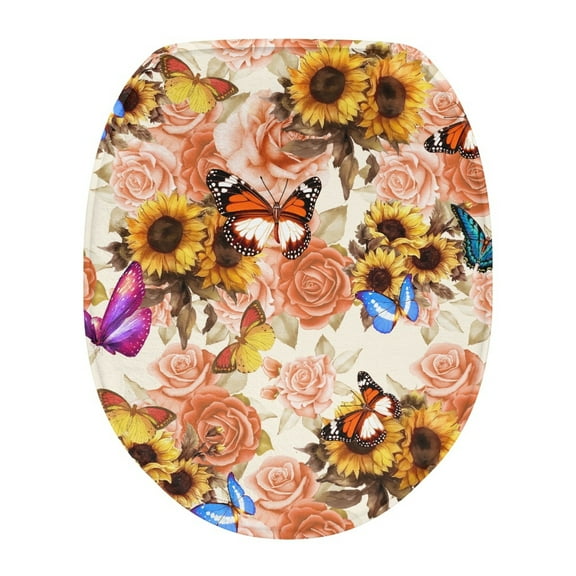 ZIATUBLE Sunflower Toilet Lid Seat Cover Butterfly Flower Toilet Lid Covers for Bathroom Roud Toilet Seat Cover Protector Universal Toilet Seat Covers Machine Washable Lid Covers