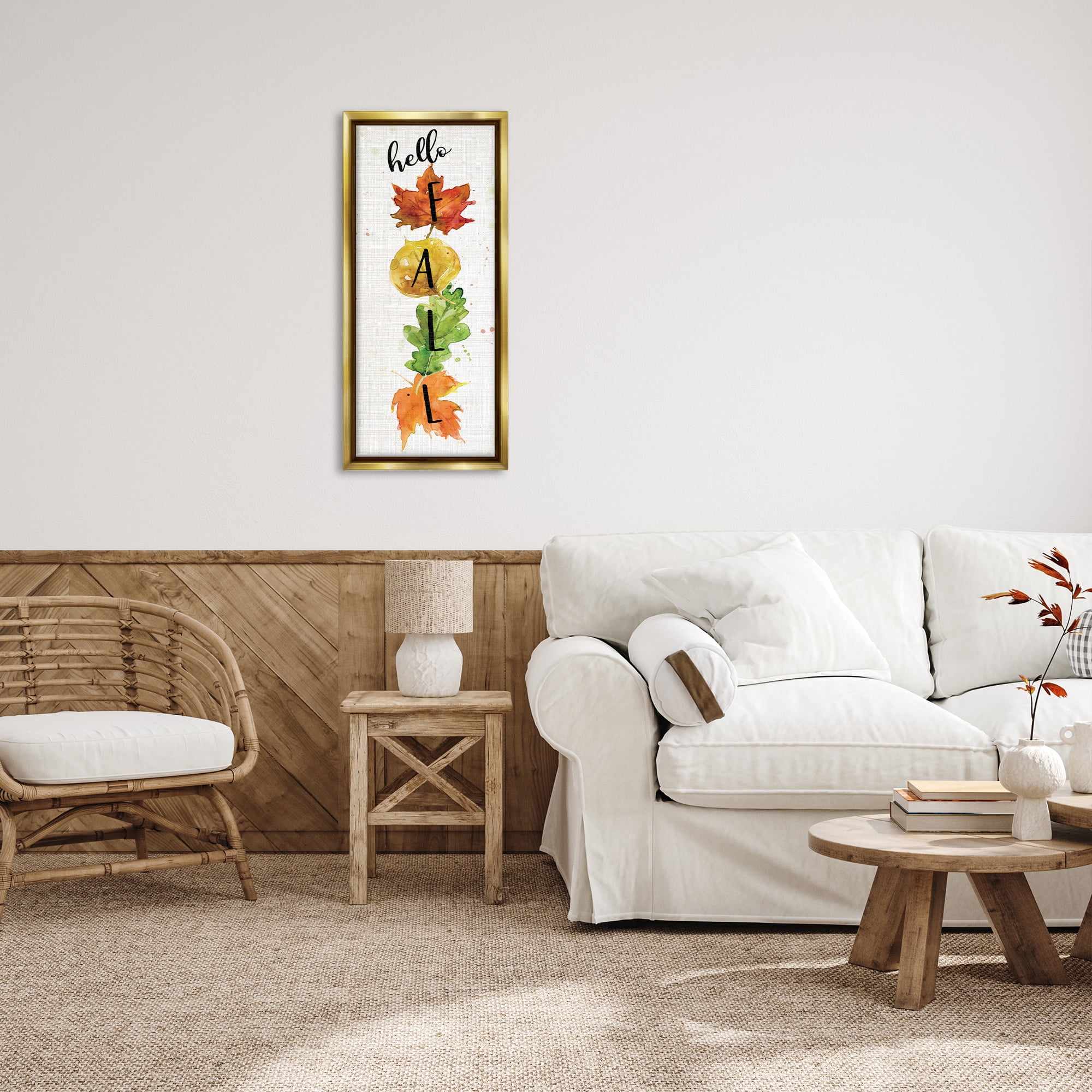 Stupell Industries Hello Fall Autumn Greeting Botanical & Floral Painting Gold Floater Framed Canvas Art Print Wall Art, 15 x 31