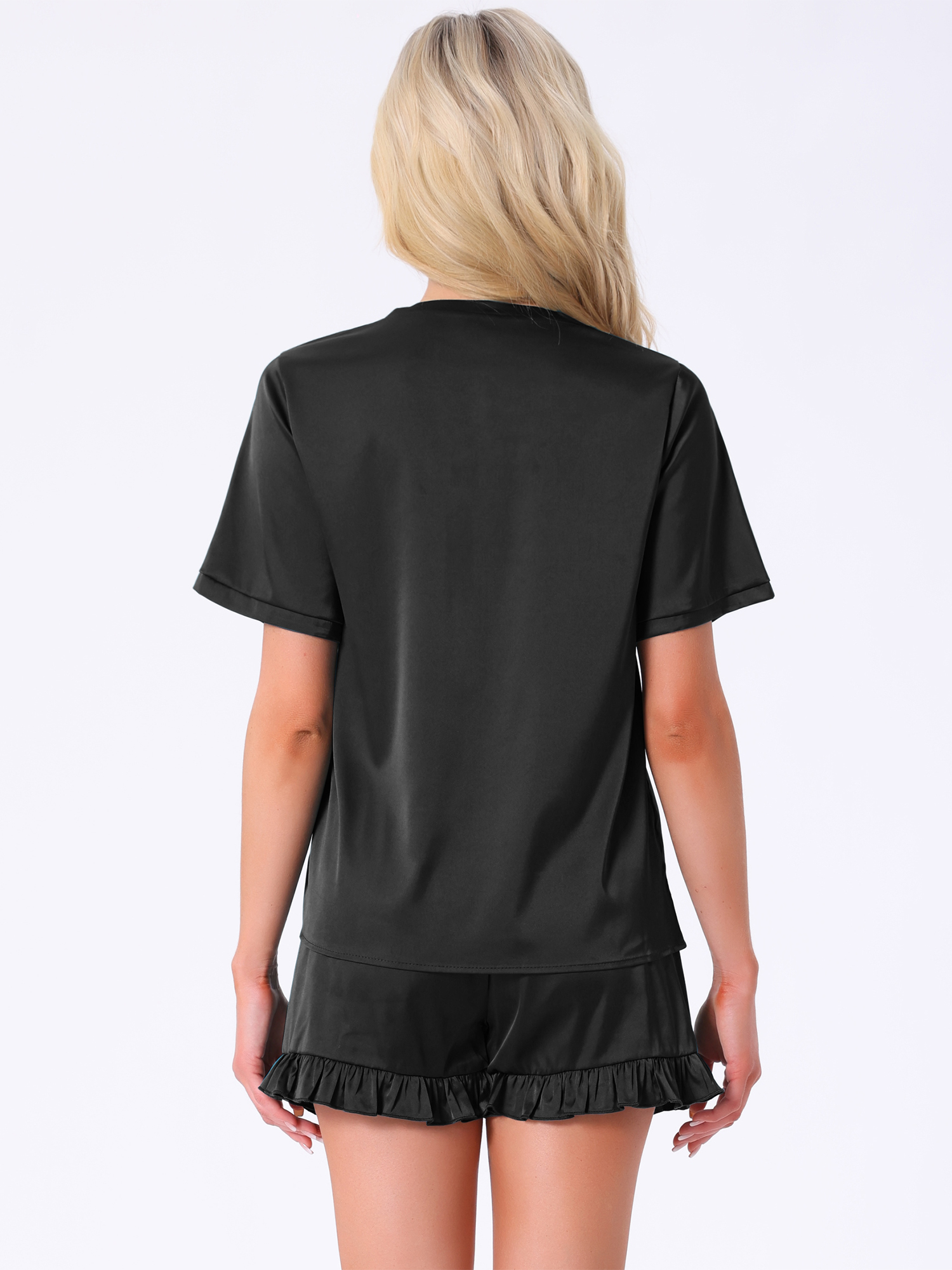 DARING DIVA Silky Satin Short Sleeve Shorts Set V Neck Lounge Pajama Set S Black
