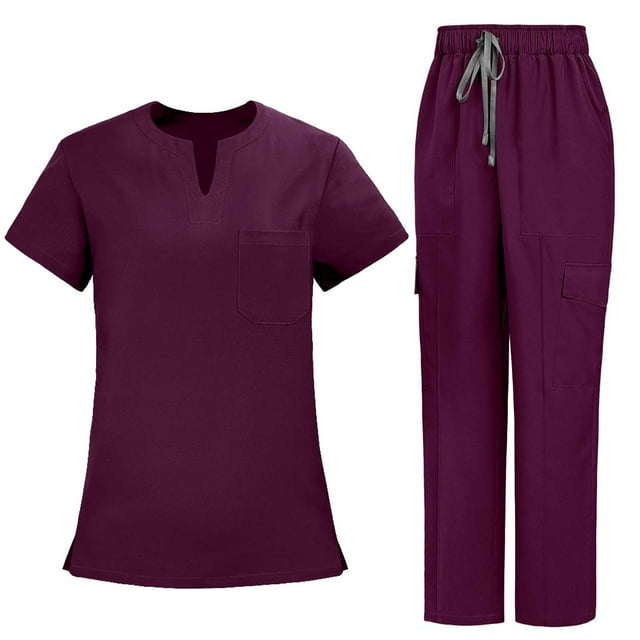 Ensemble d'Uniforme d'Infirmière pour Femmes, Haut à Manches Courtes à Col en V Uni Ample avec Cordon de Serrage et Poches