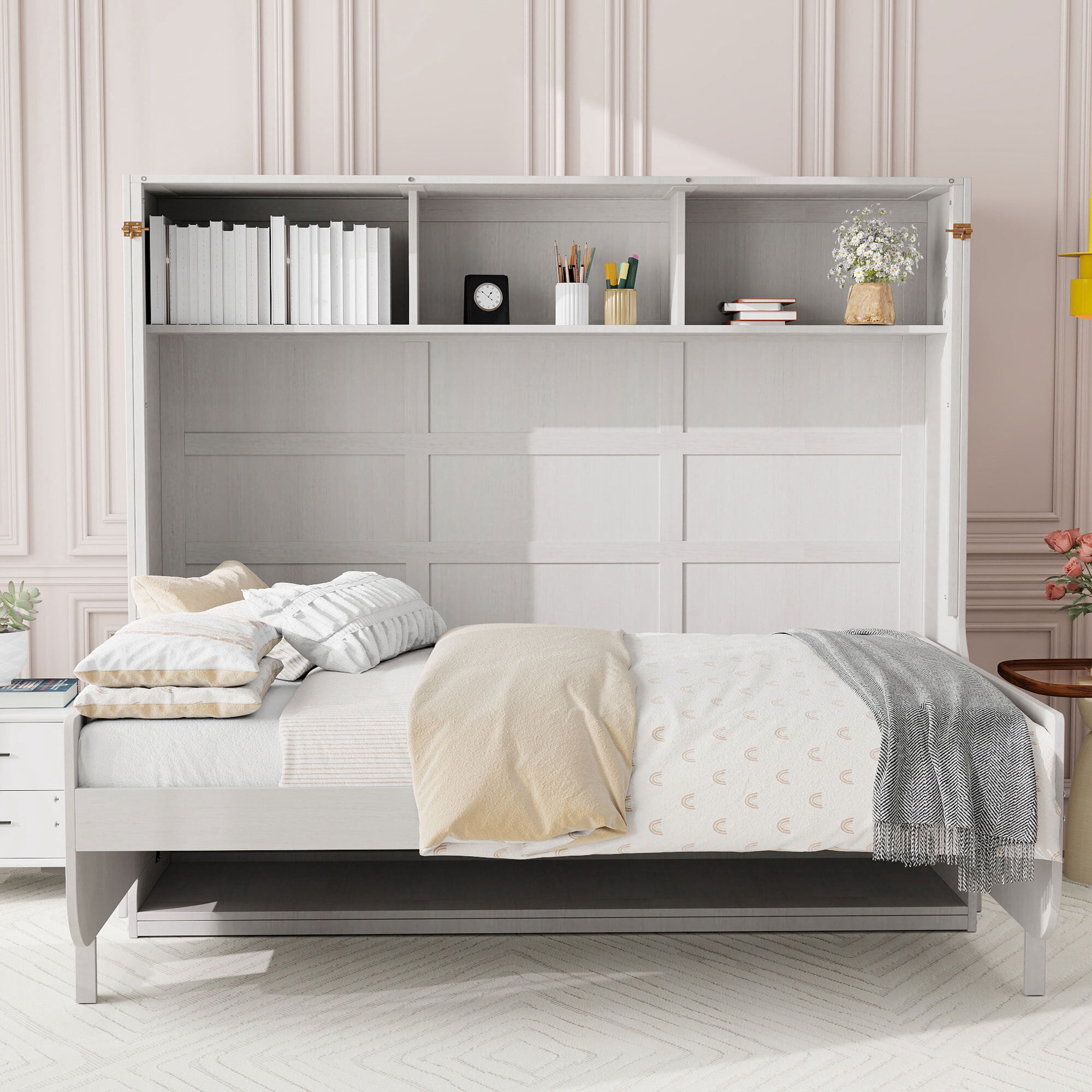 Euroco Wood Full Size Murphy Bed with Desk, Cabinet Bed with Shelves, Antique White