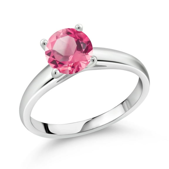 Gem Stone King 1.65 Ct 7mm Round Pink Mystic Topaz 10K White Gold Ring (Size 9)